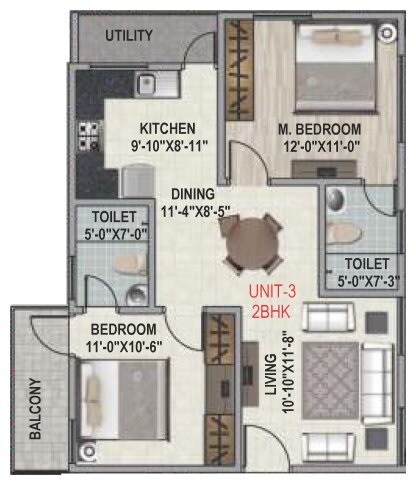 Floor plan of 2 BHK 988 Sq. Ft. Apartment in Amigo Regency, Bangalore