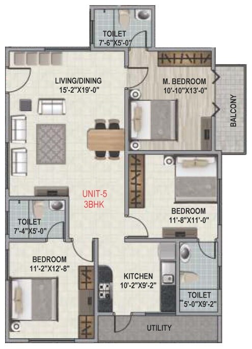 Floor plan of 3 BHK 1313 Sq. Ft. Apartment in Amigo Regency, Bangalore