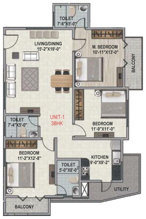 Floor plan of 3 BHK 1495 Sq. Ft. Apartment in Amigo Regency, Bangalore