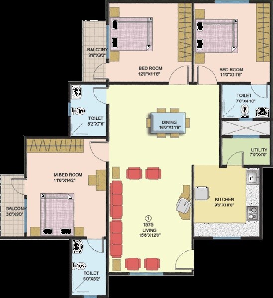 Floor plan of 3 BHK 1575 Sq. Ft. Apartment in Amigo Sri Sai Vintage, Bangalore