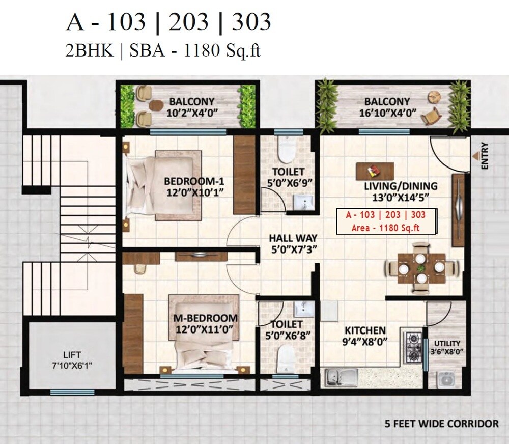 Floor plan of 2 BHK 1180 Sq. Ft. Apartment in Amoga Sai Residency, Bangalore