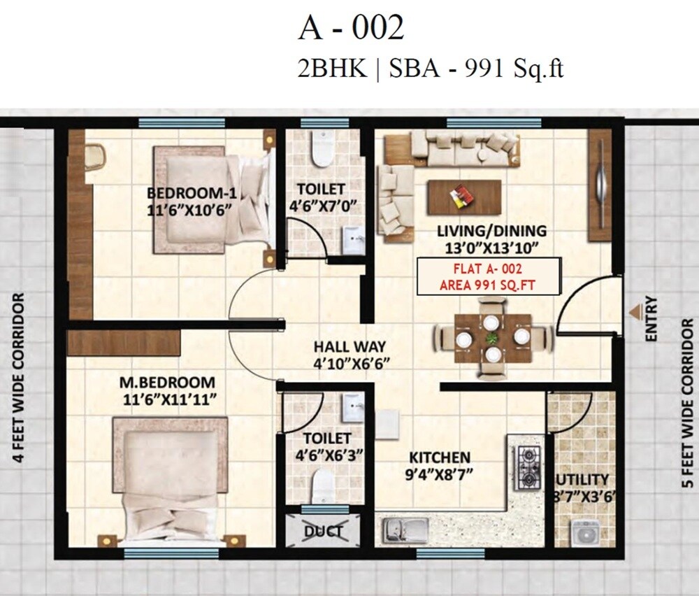 Floor plan of 2 BHK 991 Sq. Ft. Apartment in Amoga Sai Residency, Bangalore