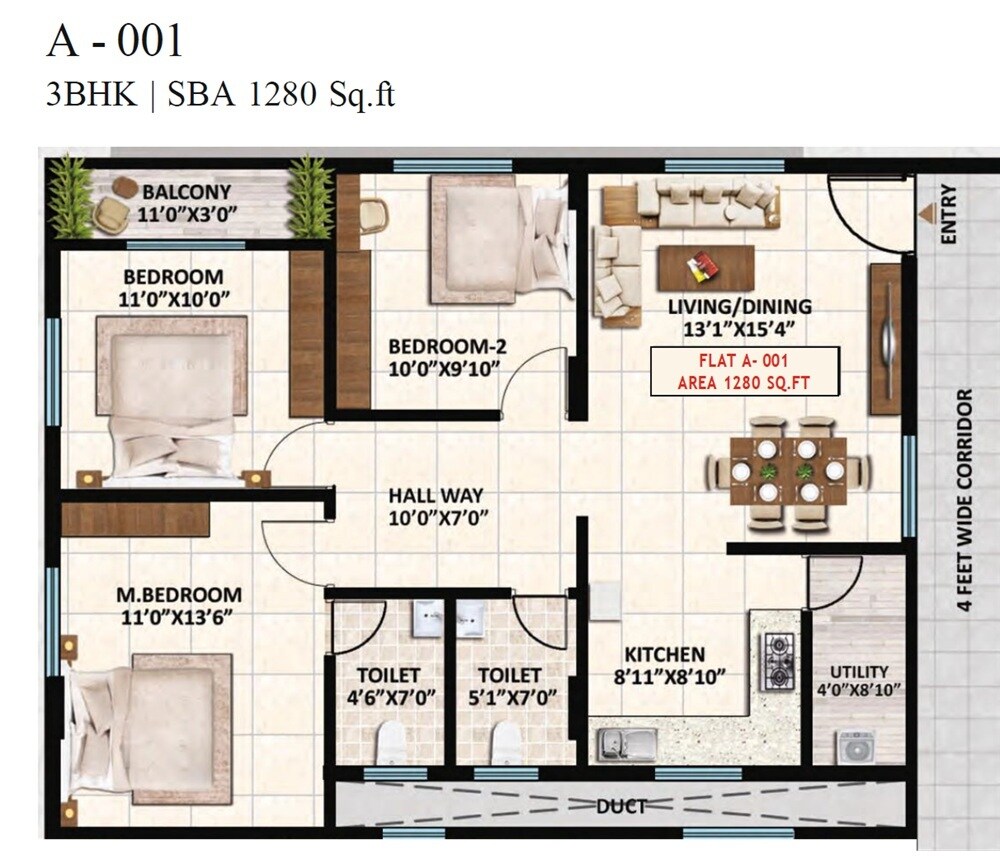 Floor plan of 3 BHK 1280 Sq. Ft. Apartment in Amoga Sai Residency, Bangalore