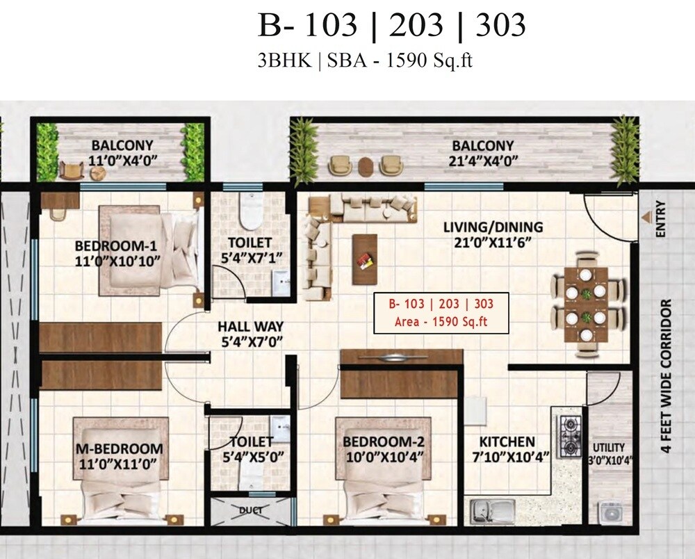 Floor plan of 3 BHK 1590 Sq. Ft. Apartment in Amoga Sai Residency, Bangalore