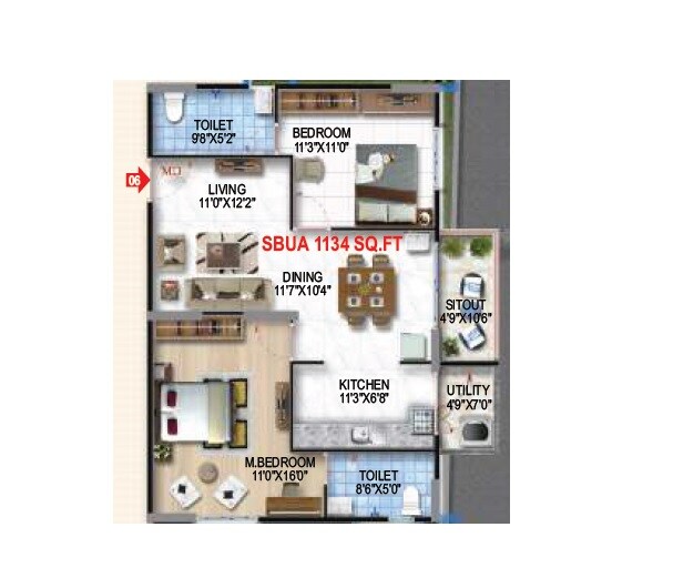 Floor plan of 2 BHK 1134 Sq. Ft. Apartment in Amrutha Heights Phase II, Bangalore