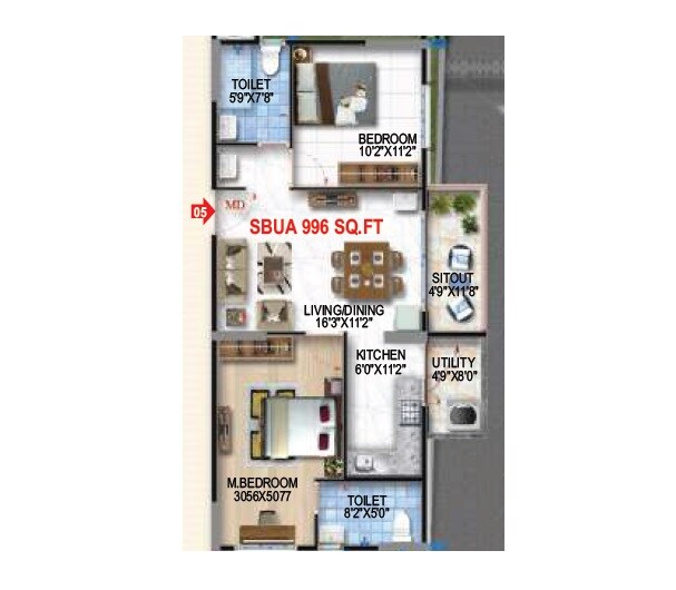 Floor plan of 2 BHK 996 Sq. Ft. Apartment in Amrutha Heights Phase II, Bangalore