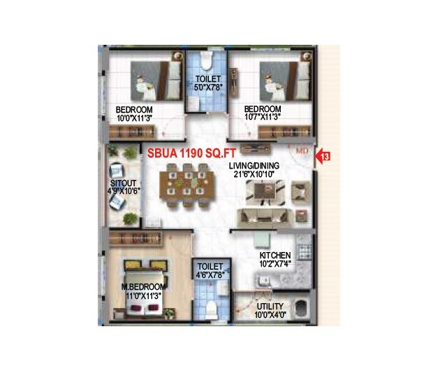 Floor plan of 3 BHK 1190 Sq. Ft. Apartment in Amrutha Heights Phase II, Bangalore