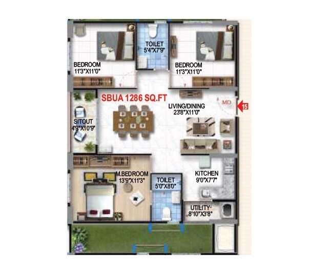 Floor plan of 3 BHK 1286 Sq. Ft. Apartment in Amrutha Heights Phase II, Bangalore
