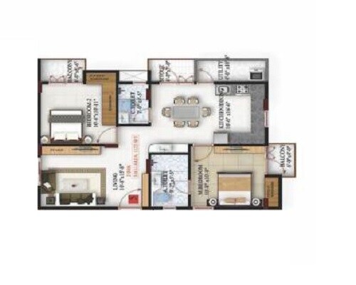 Floor plan of 2 BHK 1122 Sq. Ft. Apartment in Amrutha Maple, Bangalore