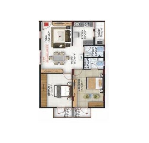 Floor plan of 2 BHK 986 Sq. Ft. Apartment in Amrutha Maple, Bangalore