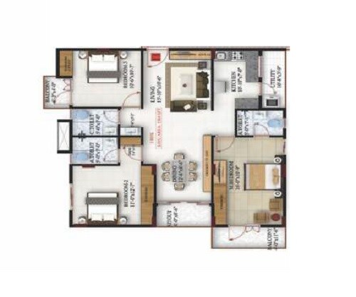 Floor plan of 3 BHK 1534 Sq. Ft. Apartment in Amrutha Maple, Bangalore