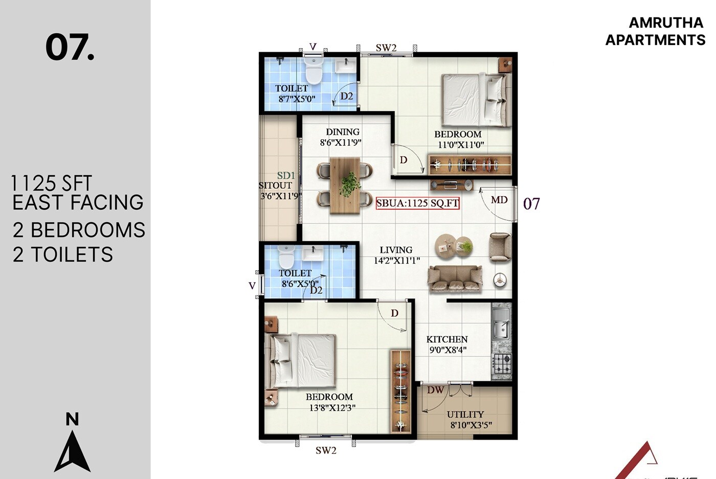 2 BHK 1125 Sq. Ft. Apartment