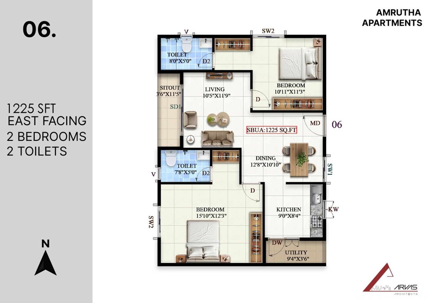 Floor plan of 2 BHK 1225 Sq. Ft. Apartment in Amrutha MMK Lumina, Bangalore