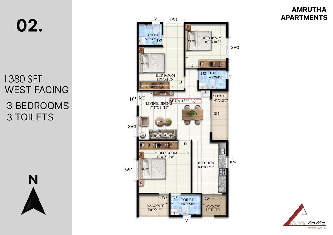 Floor plan of 3 BHK 1380 Sq. Ft. Apartment in Amrutha MMK Lumina, Bangalore