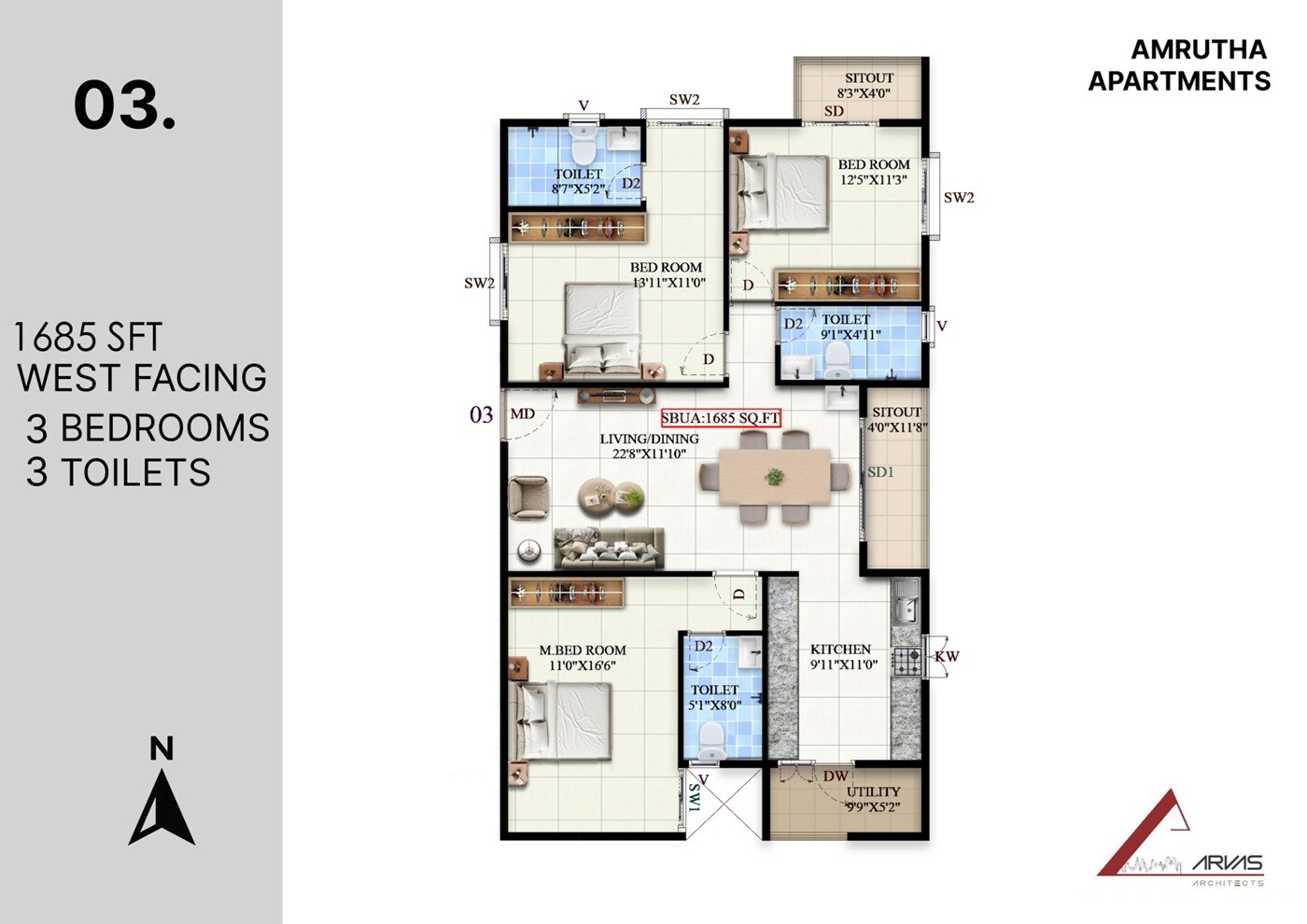 Floor plan of 3 BHK 1685 Sq. Ft. Apartment in Amrutha MMK Lumina, Bangalore