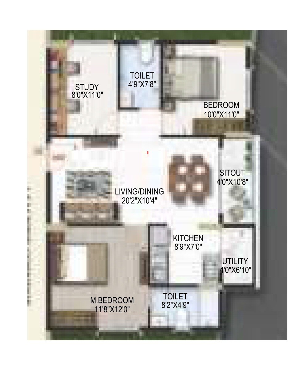 Floor plan of 2 BHK 1006 Sq. Ft. Apartment in Amrutha Platinum Towers, Bangalore