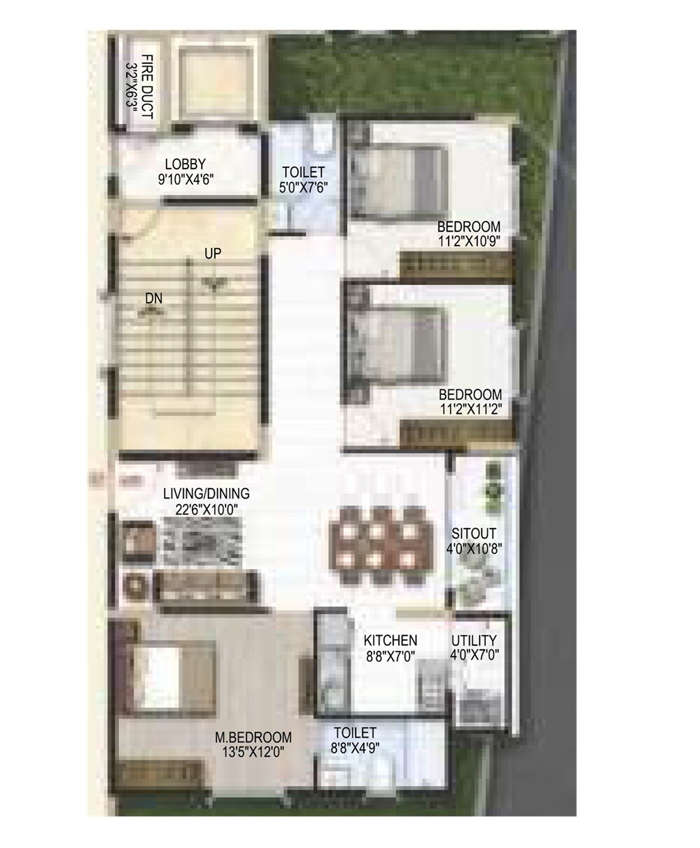 Floor plan of 2 BHK 1268 Sq. Ft. Apartment in Amrutha Platinum Towers, Bangalore