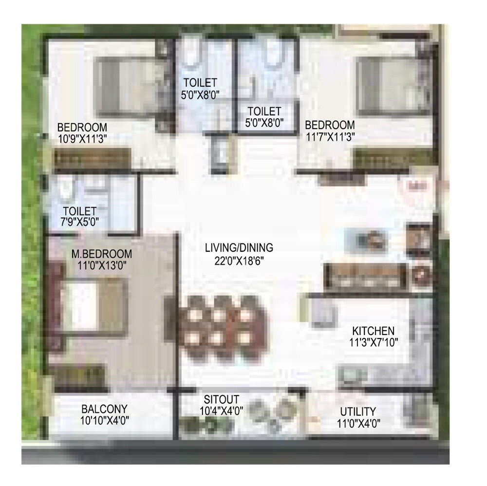 Floor plan of 3 BHK 1466 Sq. Ft. Apartment in Amrutha Platinum Towers, Bangalore