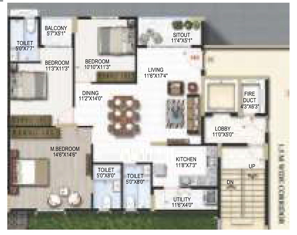 Floor plan of 3 BHK 1536 Sq. Ft. Apartment in Amrutha Platinum Towers, Bangalore
