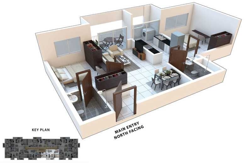 Floor plan of 2 BHK 1033 Sq. Ft. Apartment in AMV Classique Windchimes, Bangalore