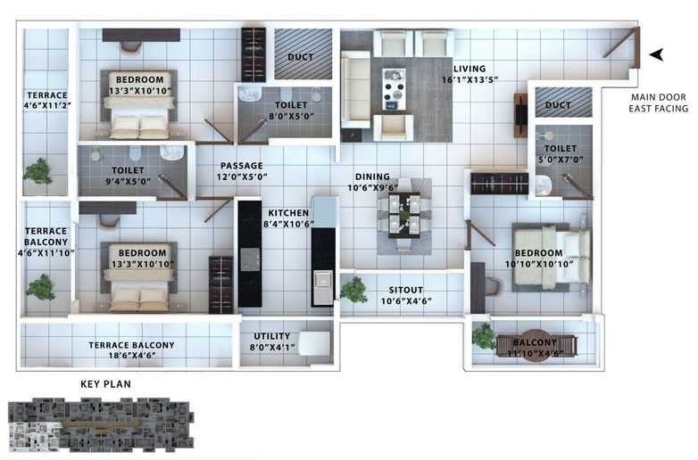 Floor plan of 3 BHK 1646 Sq. Ft. Apartment in AMV Classique Windchimes, Bangalore