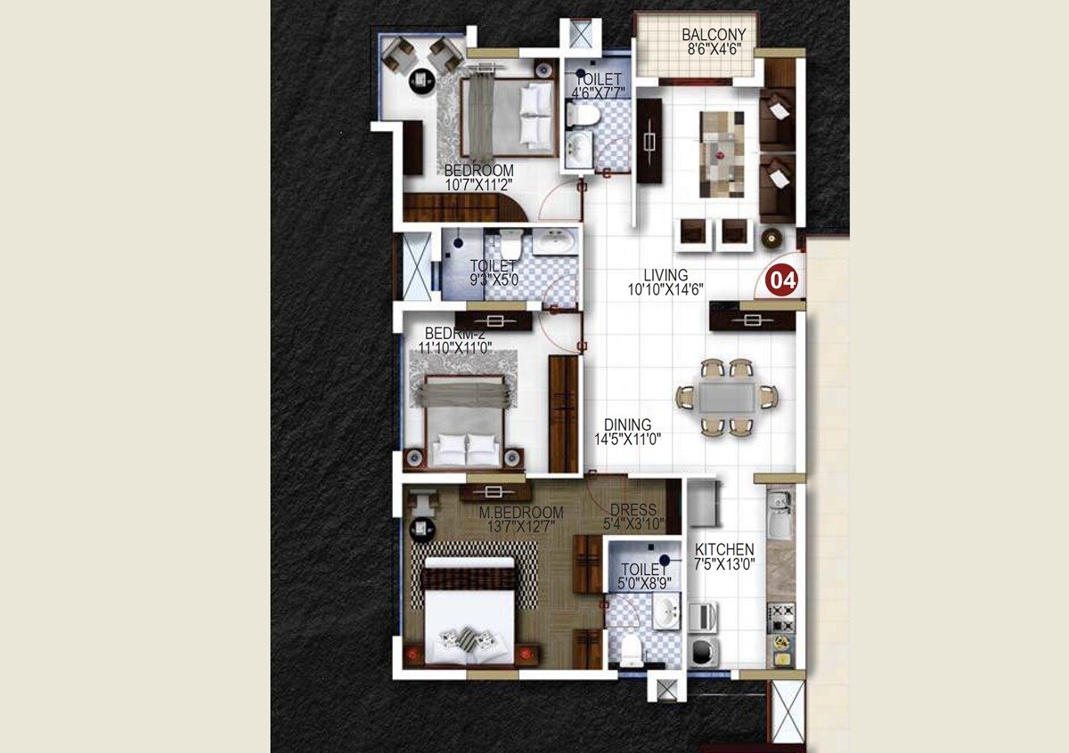 Floor plan of 3 BHK 1750 Sq. Ft. Apartment in Anaa Signature, Bangalore