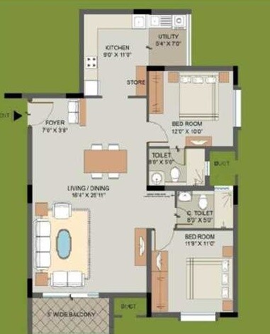 Floor plan of 2 BHK 1218 Sq. Ft. Apartment in Ananda Valmark, Bangalore