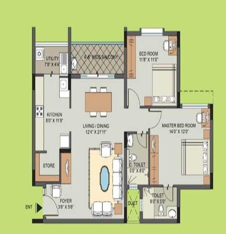 Floor plan of 2 BHK 1256 Sq. Ft. Apartment in Ananda Valmark, Bangalore