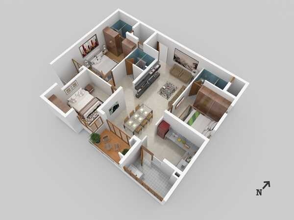 Floor plan of 3 BHK 1600 Sq. Ft. Apartment in Anika Redwood, Bangalore