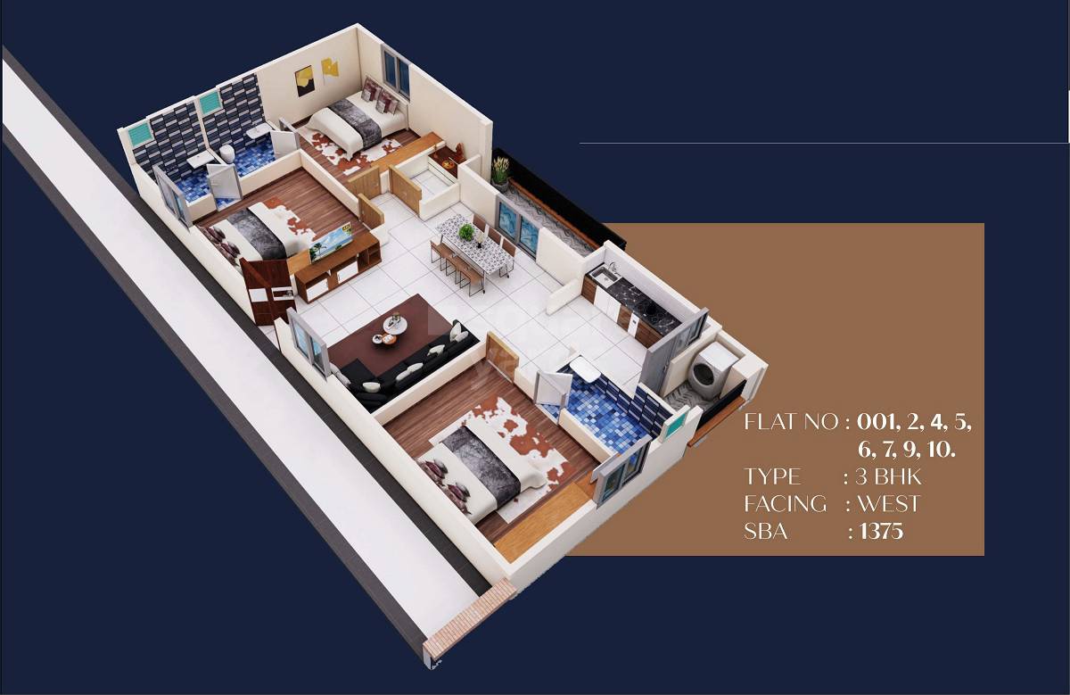 Floor plan of 3 BHK 1375 Sq. Ft. Apartment in Anirudh Gateway Park, Bangalore