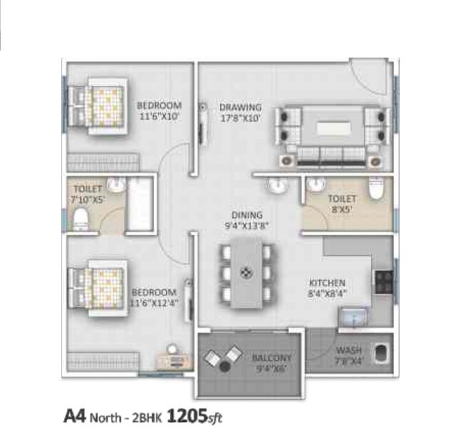 Floor plan of 2 BHK 1205 Sq. Ft. Apartment in Ankuraa Lotus, Bangalore