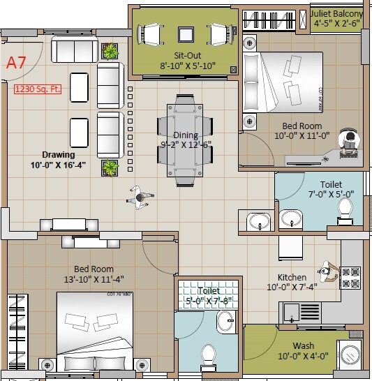 Floor plan of 2 BHK 1230 Sq. Ft. Apartment in Ankuraa Lotus, Bangalore