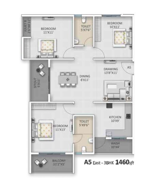 Floor plan of 3 BHK 1460 Sq. Ft. Apartment in Ankuraa Lotus, Bangalore