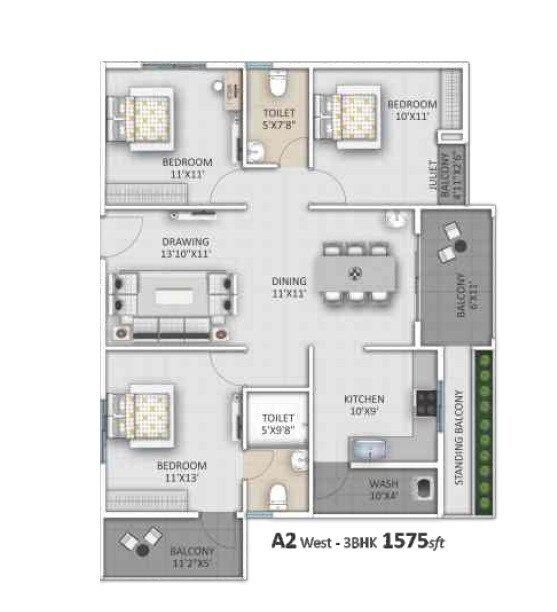Floor plan of 3 BHK 1575 Sq. Ft. Apartment in Ankuraa Lotus, Bangalore