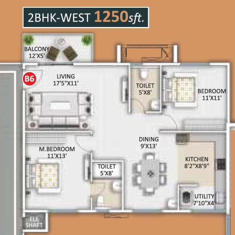 Floor plan of 2 BHK 1250 Sq. Ft. Apartment in Ankuraa Meridian, Bangalore