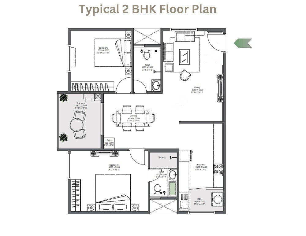 Floor plan of 2 BHK 1535 Sq. Ft. Apartment in Ankuraa Meridian, Bangalore