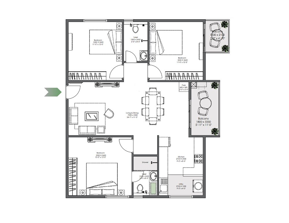 Floor plan of 3 BHK 1645 Sq. Ft. Apartment in Ankuraa Meridian, Bangalore