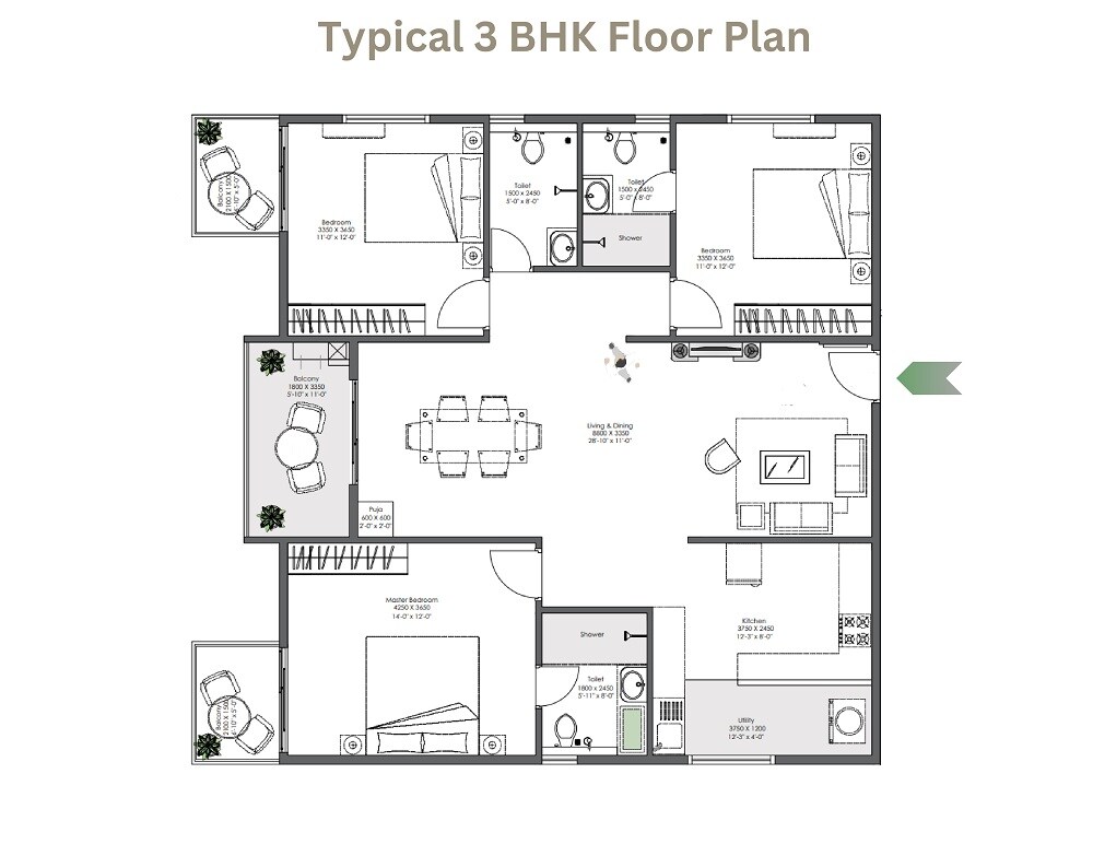 Floor plan of 3 BHK 1765 Sq. Ft. Apartment in Ankuraa Meridian, Bangalore