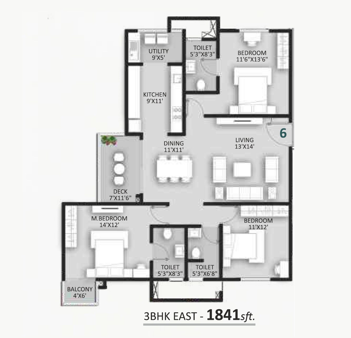 3 BHK 1841 Sq. Ft. Apartment