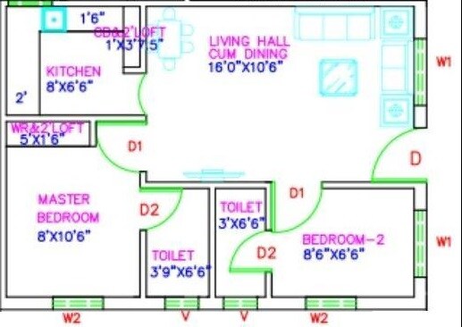 Floor plan of 2 BHK 1000 Sq. Ft. Apartment in Annapoorna Apartments, Bangalore