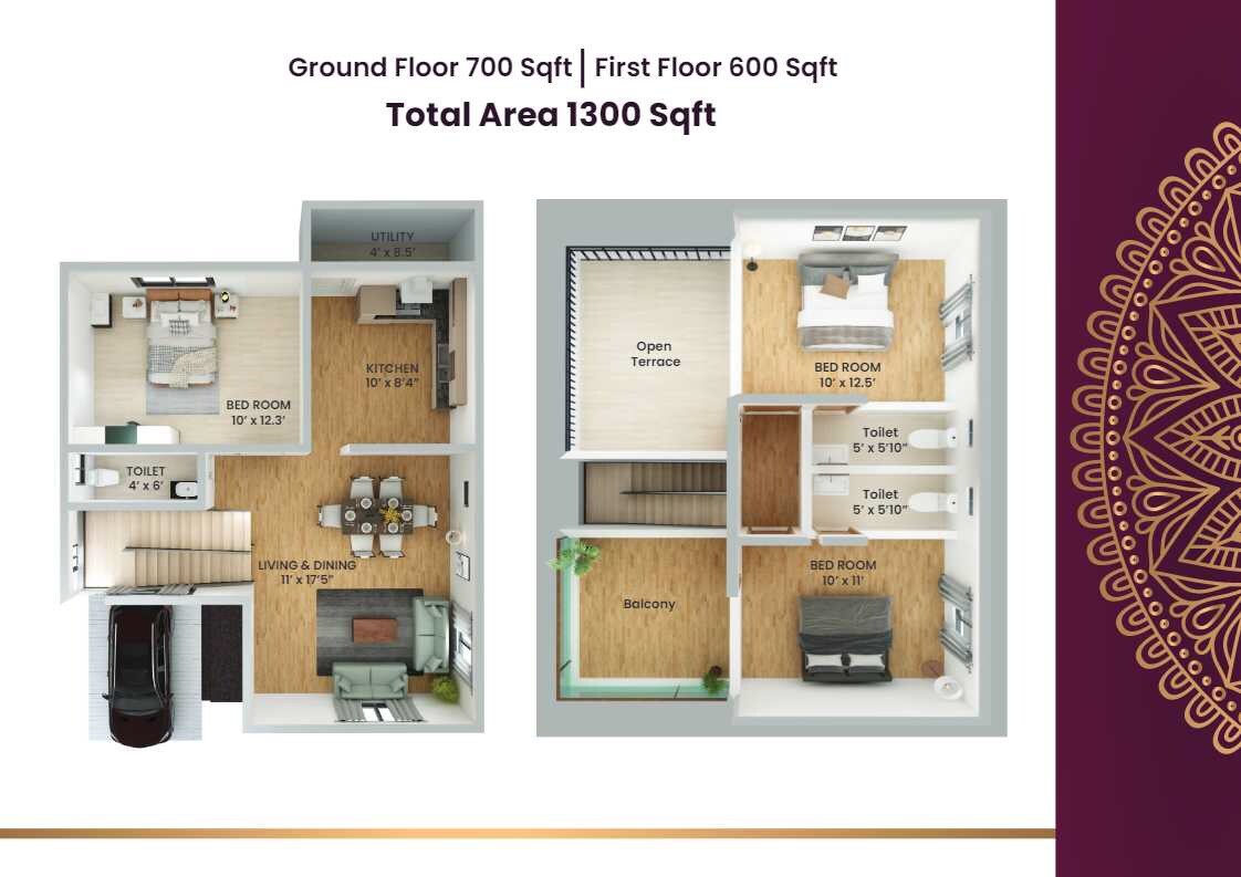 Floor plan of 3 BHK 1300 Sq. Ft. Villa in Annciya Achalum, Bangalore