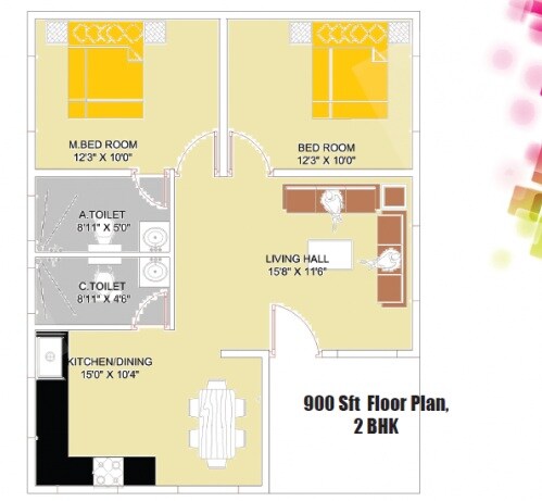 Floor plan of 2 BHK 900 Sq. Ft. Villa in Annciya Serene, Bangalore