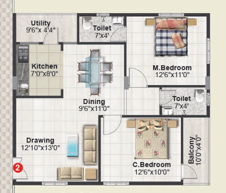 Floor plan of 2 BHK Apartment - 1164 sq. ft. in Anuraag Abode, Bangalore