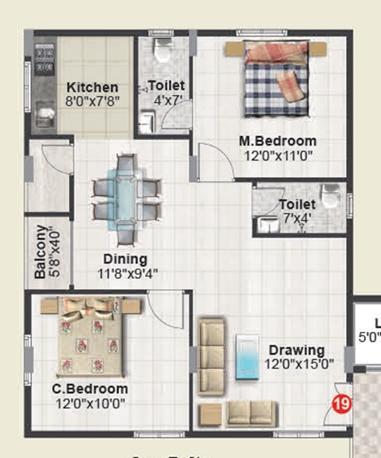 Floor plan of 2 BHK Apartment - 1224 sq. ft. in Anuraag Abode, Bangalore