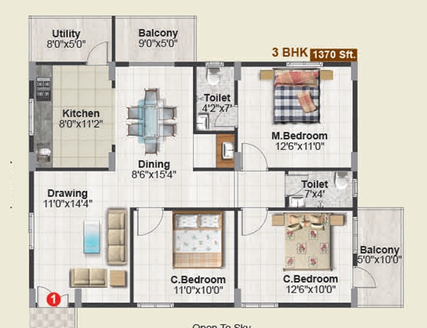 Floor plan of 3 BHK Apartment - 1370 sq. ft. in Anuraag Abode, Bangalore
