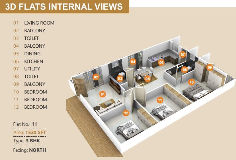 3 BHK 1520 Sq. Ft. Apartment