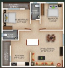 Floor plan of 2 BHK 880 Sq. Ft. Apartment in Anvitha Delight, Bangalore