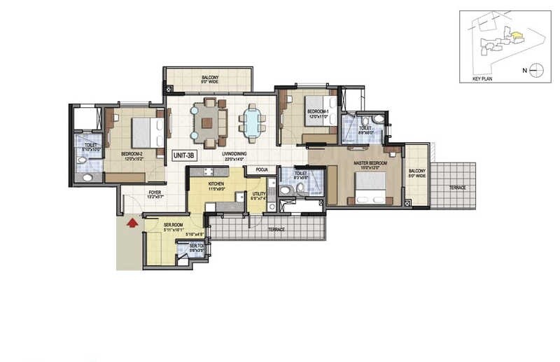 Floor plan of 3 BHK 1975 Sq. Ft. Apartment in Aparna Elina, Bangalore