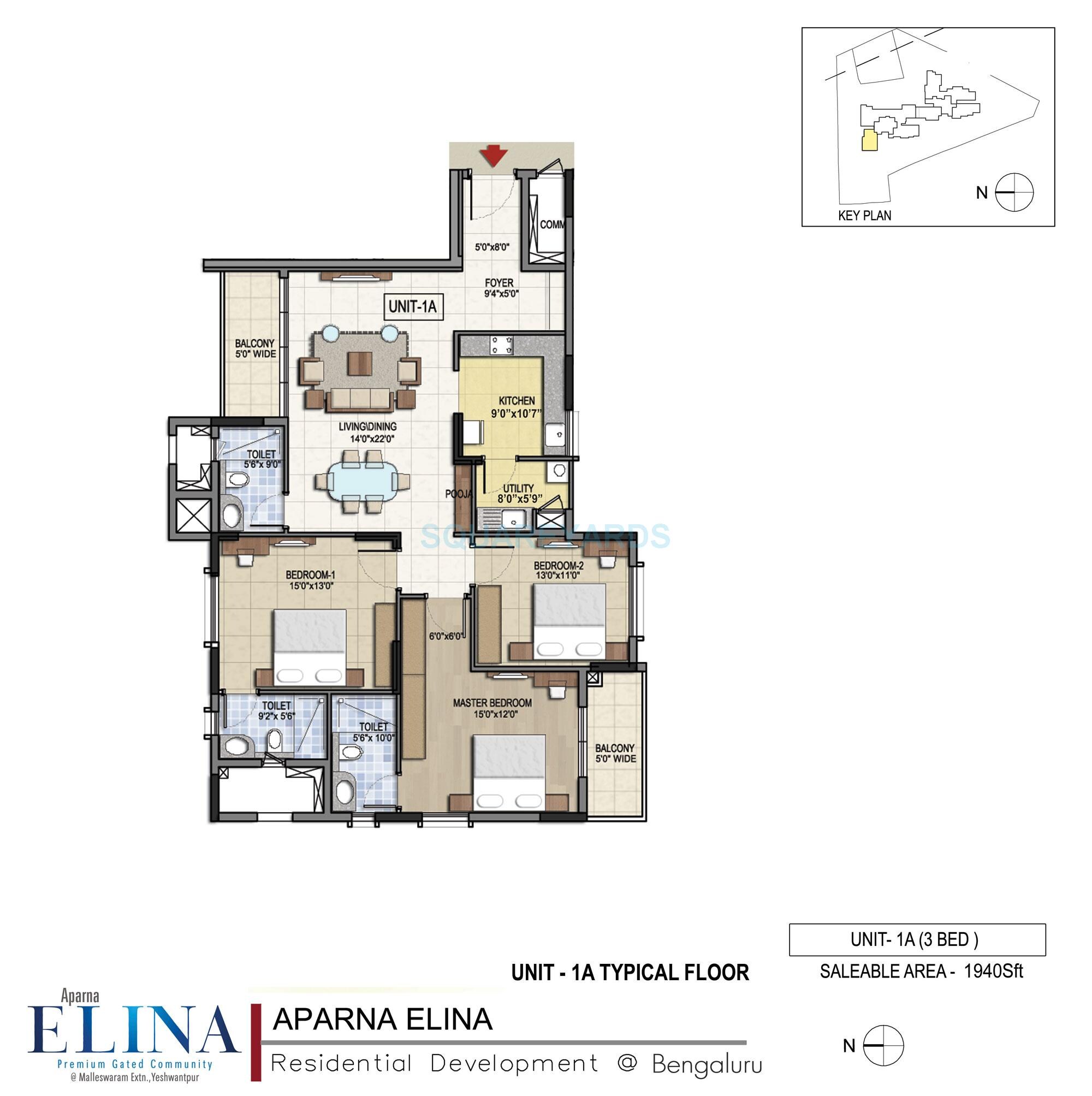 Floor plan of 3 BHK 1940 Sq. Ft. Apartment in Aparna Elina, Bangalore
