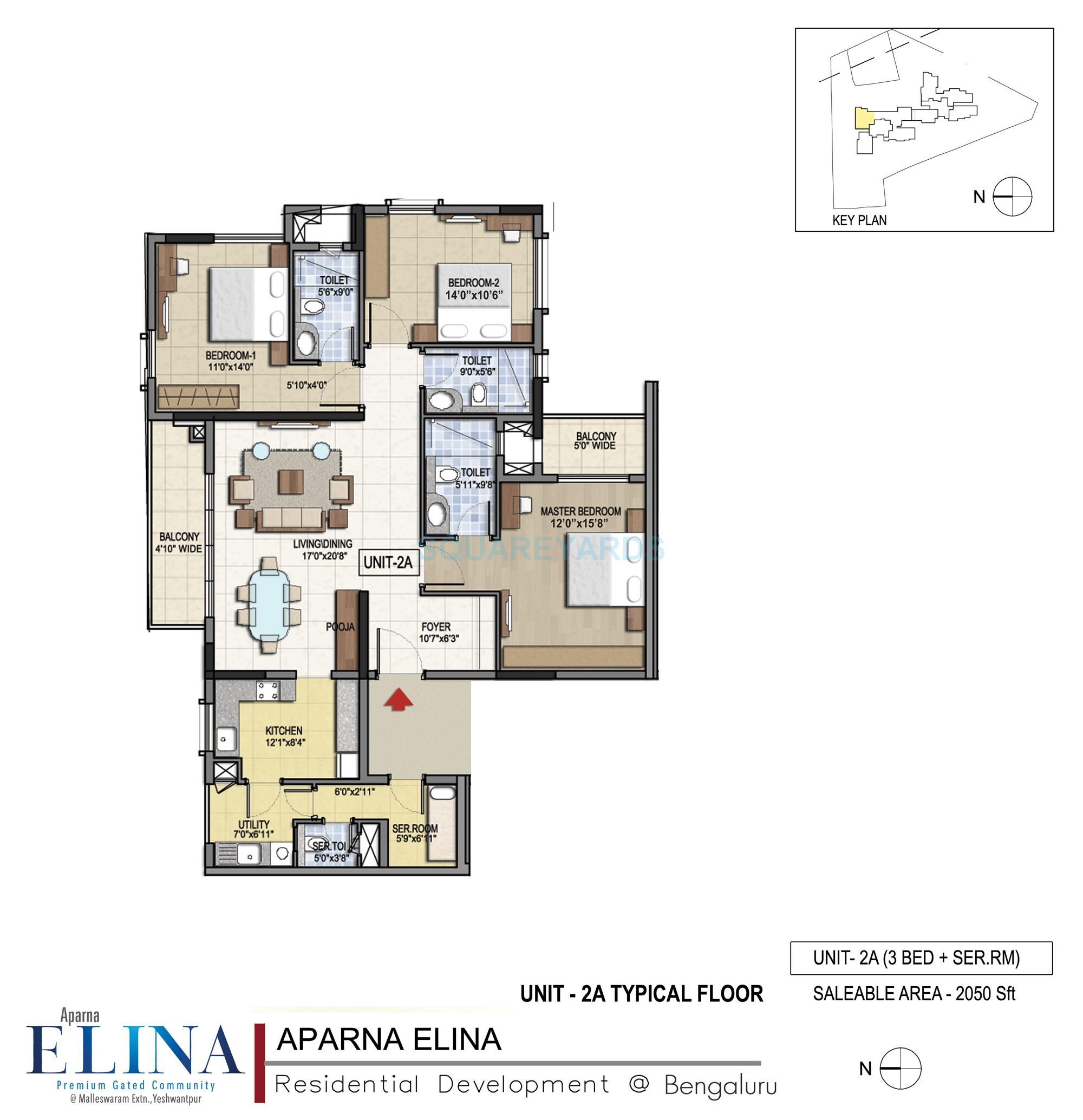 Floor plan of 3 BHK 2050 Sq. Ft. Apartment in Aparna Elina, Bangalore